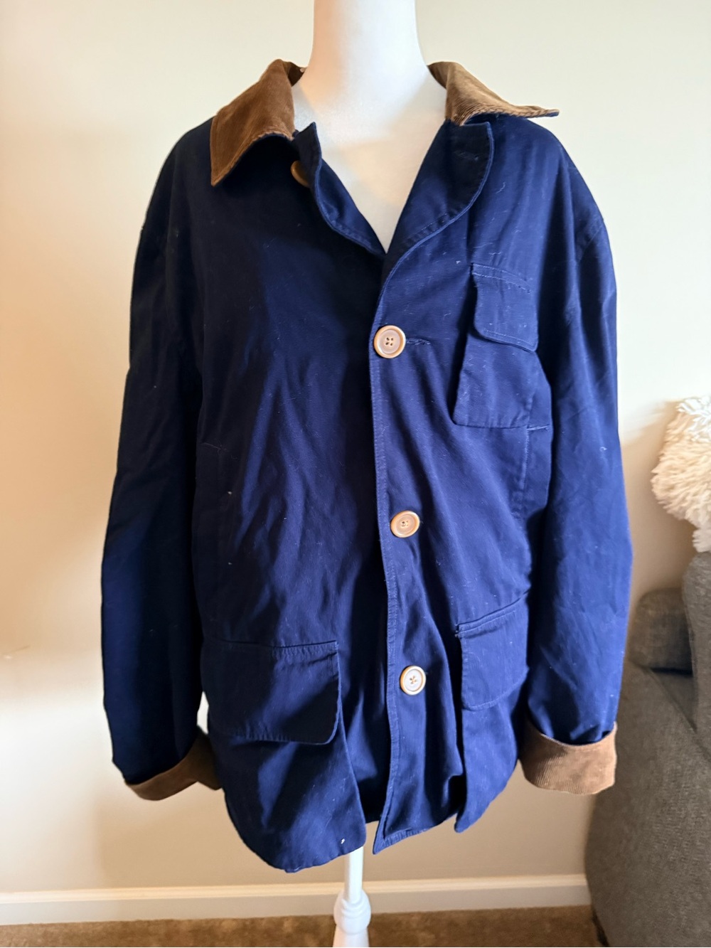 Vtg J.crew Men's Navy Field coat barn utility Jacket w/ Brown Corduroy Collar L